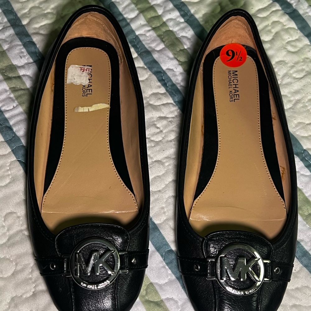 Michael Kors Black Leather Flats with Silver Logo